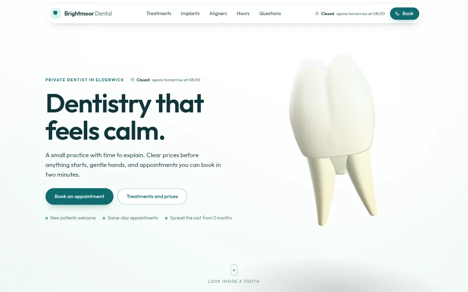 The opening screen of the Brightmoor Dental demo