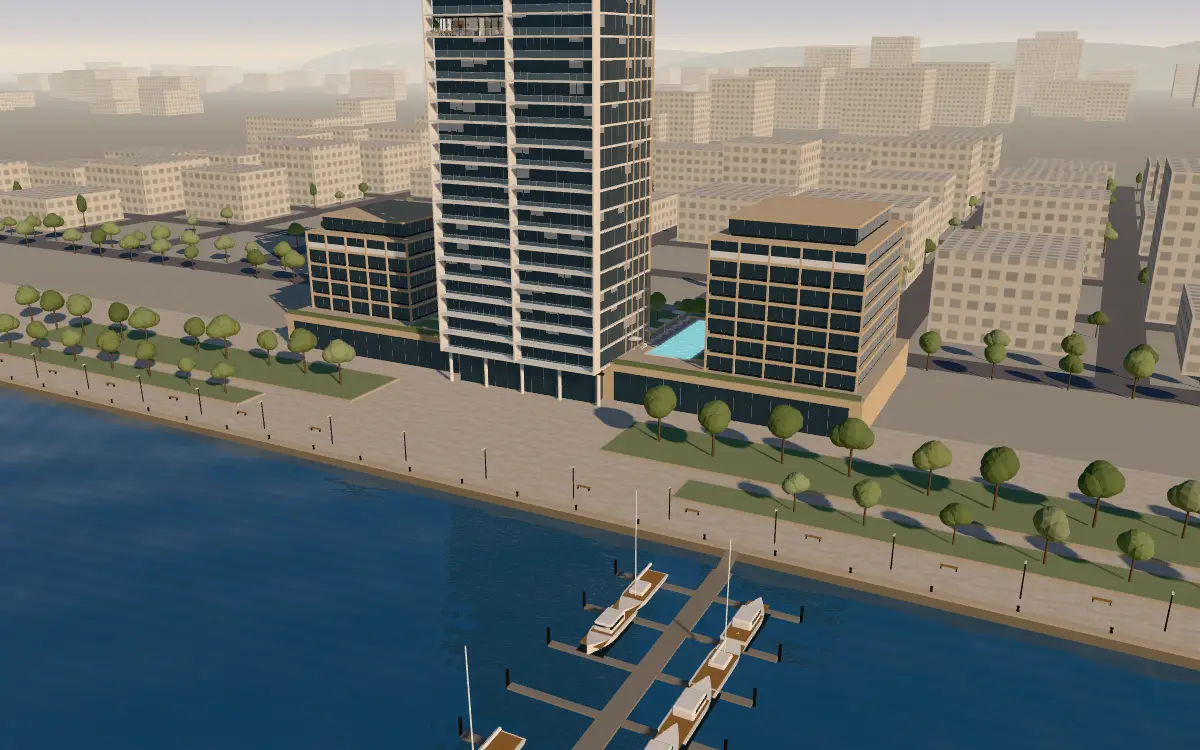 The development from above: the tower, the garden podium with its pool, the promenade and the marina