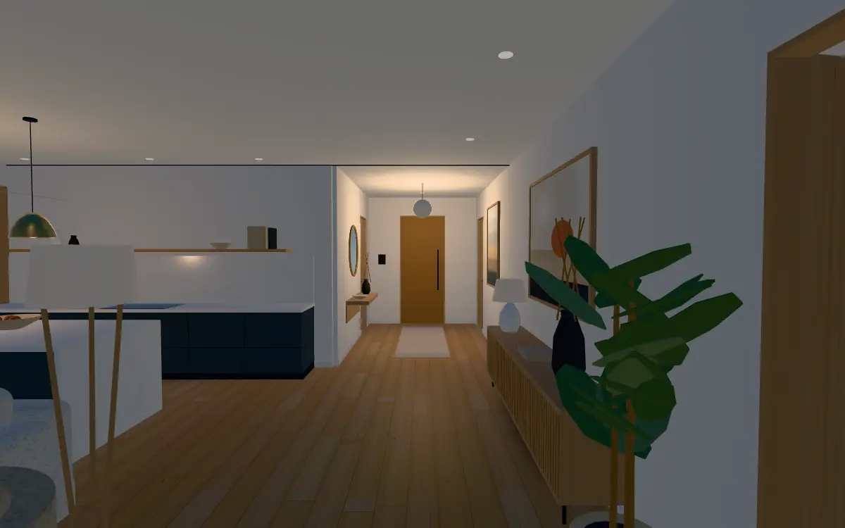 Looking from the balcony doors through the living room to the hall and front door