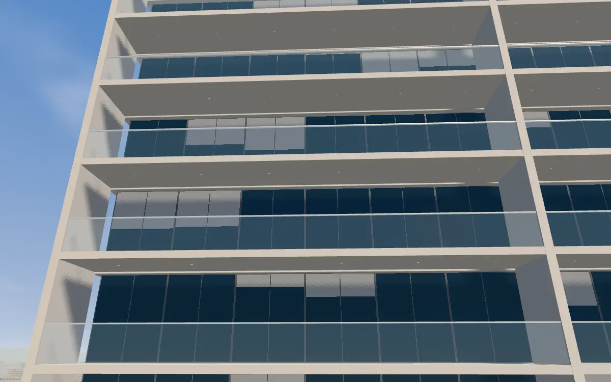 Balconies and glass on the water side of the tower