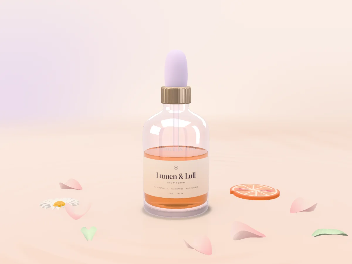 The Lumen Glow Serum bottle standing in a pool of milk, with rose petals floating round it