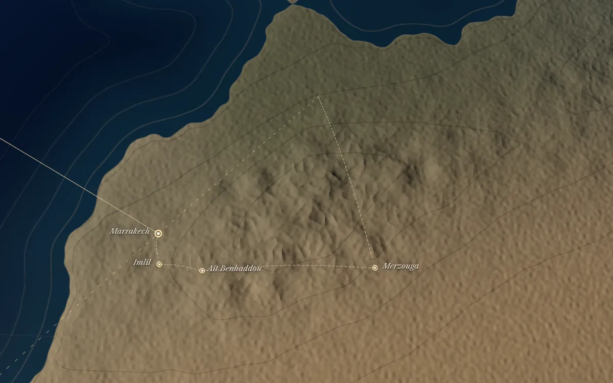 The route of Marrakech & the High Atlas drawn on the globe