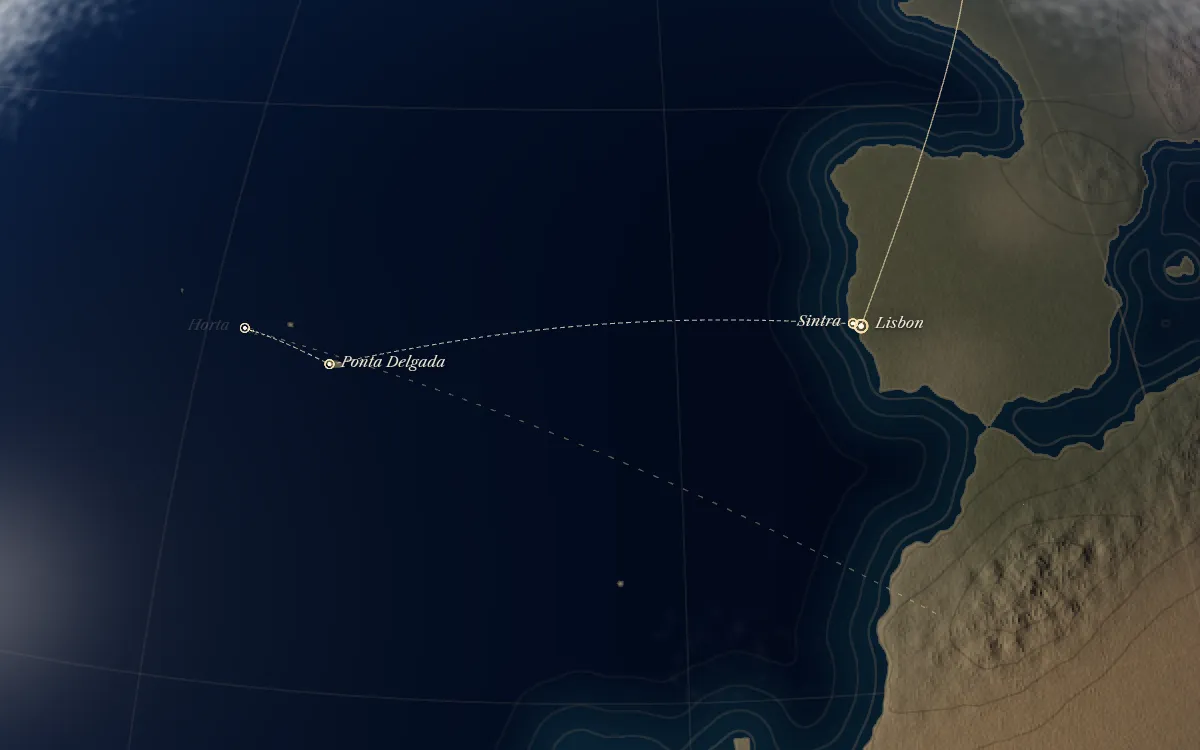 The route of Lisbon & the Azores drawn on the globe