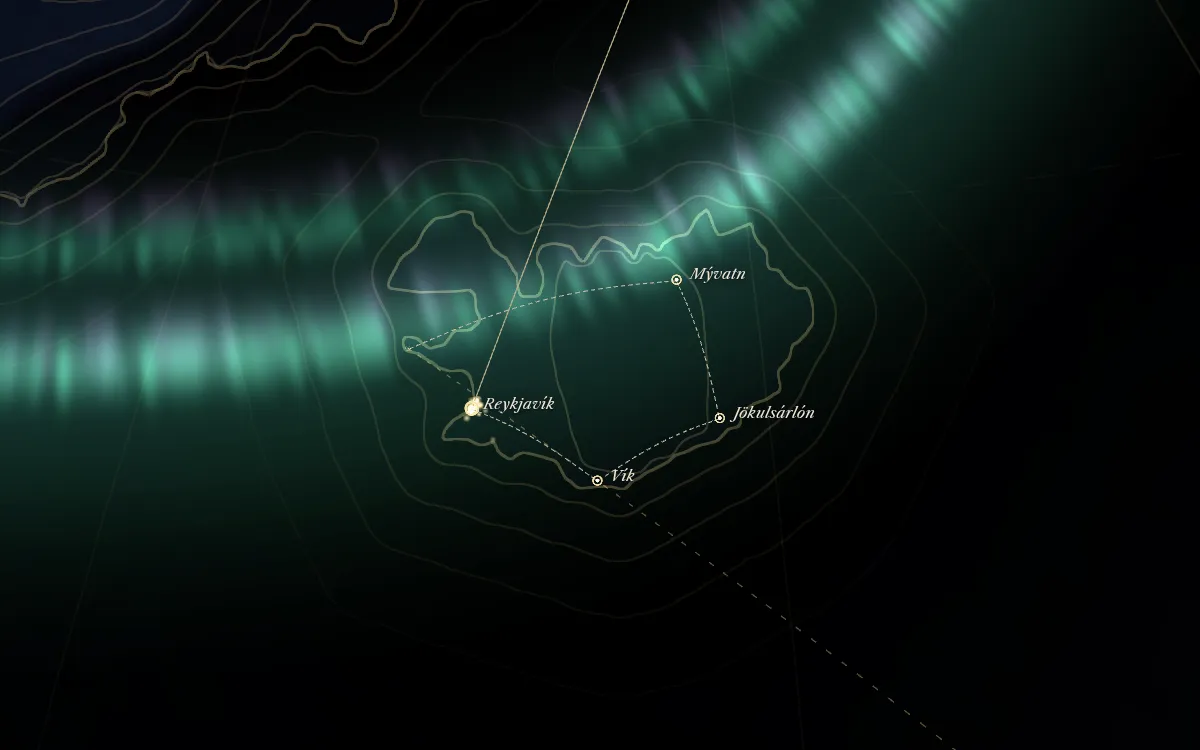 The route of Iceland & the Northern Lights drawn on the globe