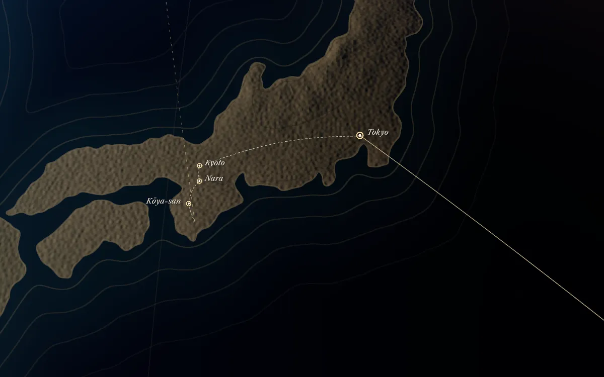 The route of Kyoto & the Kii Mountains drawn on the globe