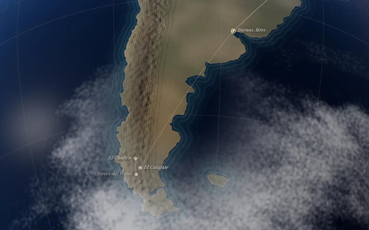The route of Patagonia drawn on the globe