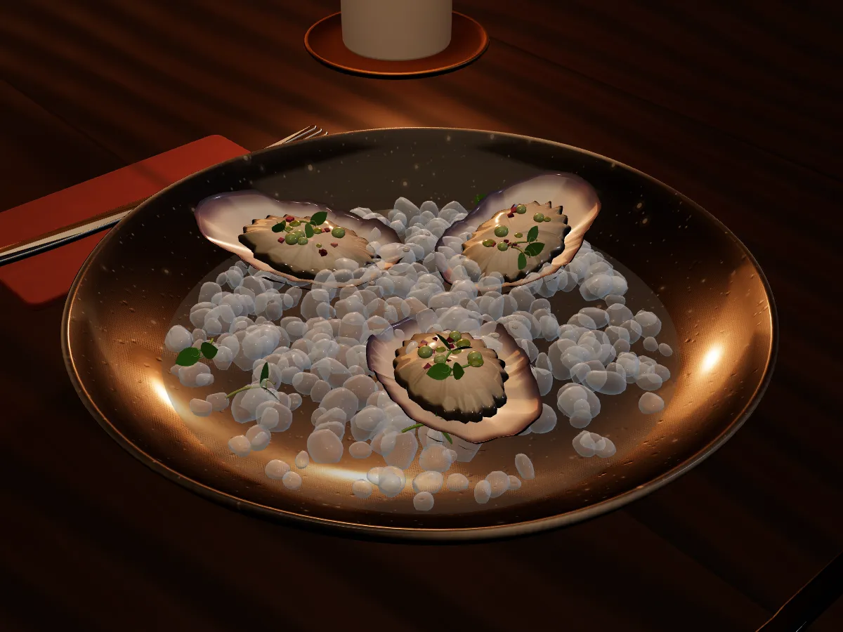 Oyster, plated: rock oyster on crushed ice, cucumber, shallot, dill oil