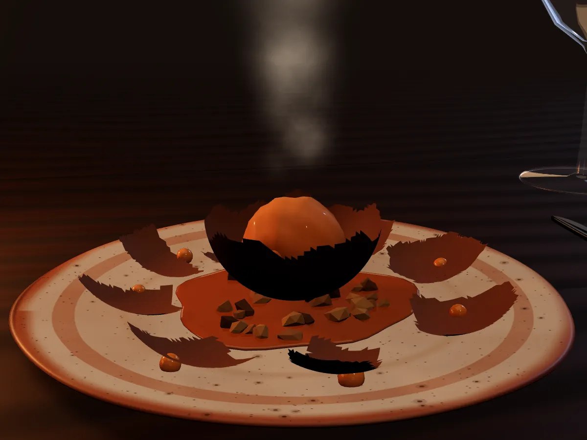 Chocolate, plated: dark chocolate sphere, sea buckthorn, warm salted caramel