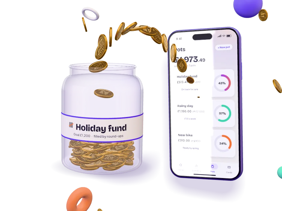 Gold coins leaping from the phone into a glass jar labelled Holiday fund