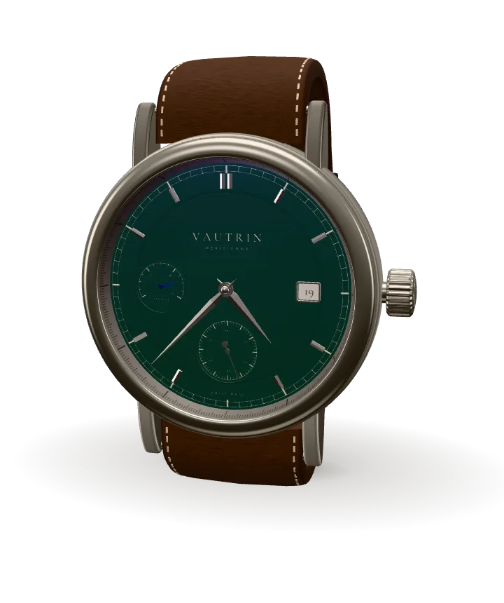 The Méridienne 39 in steel with a racing green dial and brown leather strap